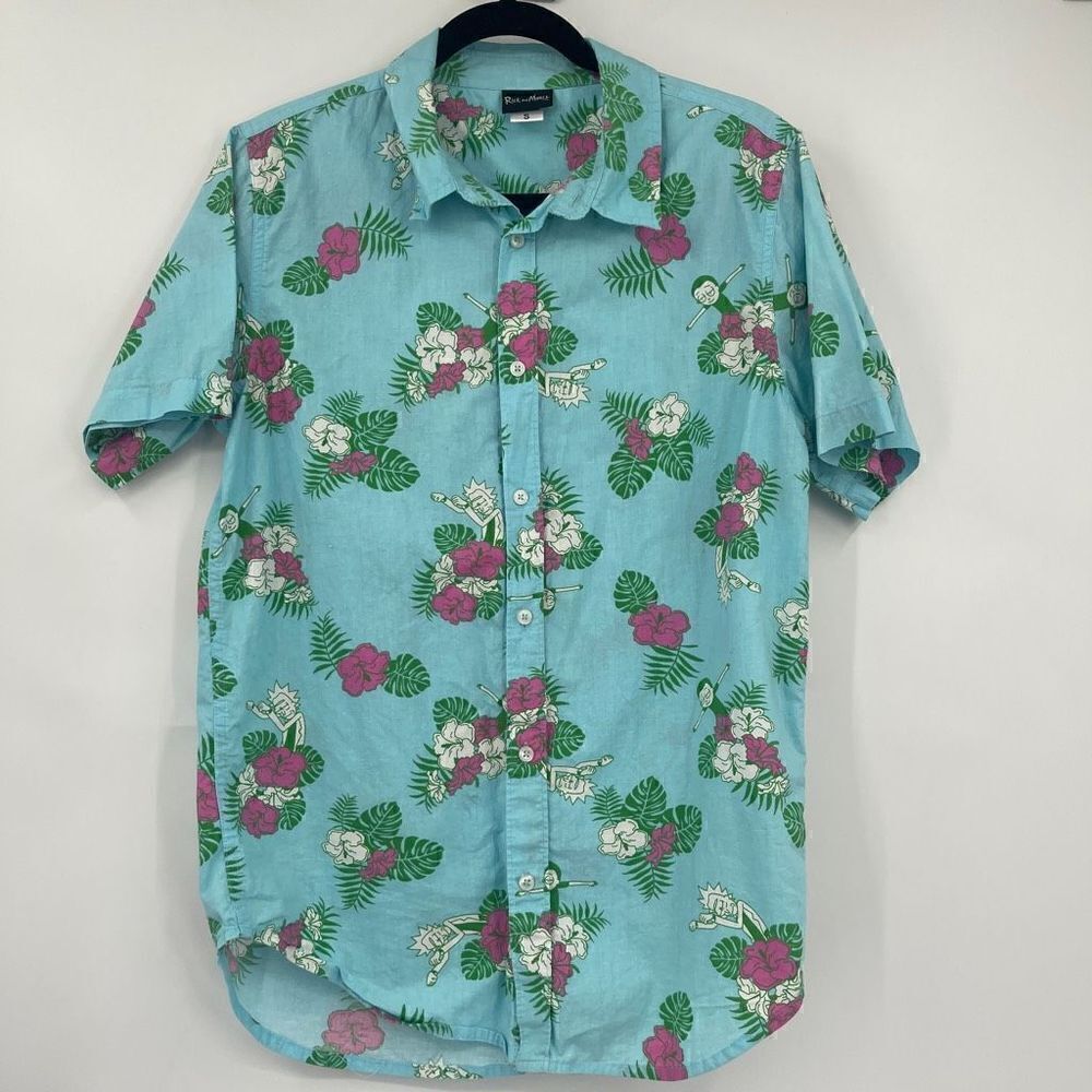 Rick and Morty Men's Small Shirt Hawaiian Floral Button-Down Camp Blue Cotton